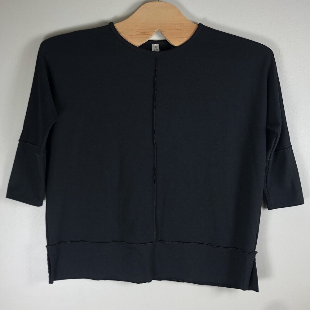 Spanx Women's Large Black 3/4 Sleeve Round Neck Pullover Reverse Seam Sweatshirt
